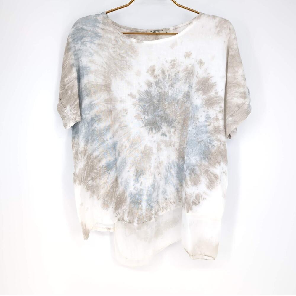 Valentina Naldi Italy 100% Linen Tunic Top Silk Hem Tie Dye Beige Gray - Size S